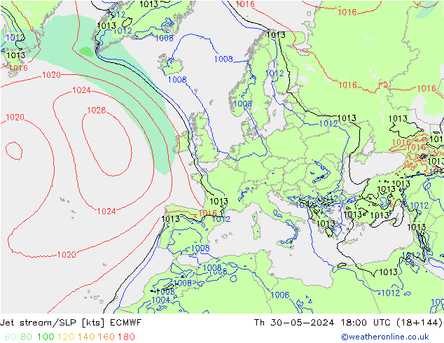 Corrente a getto ECMWF gio 30.05.2024 18 UTC