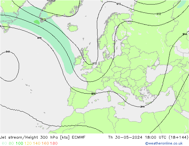Jet stream/Height 300 hPa ECMWF Čt 30.05.2024 18 UTC