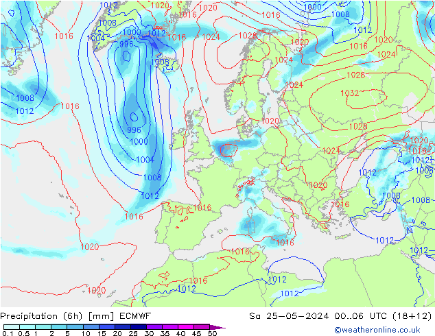 Totale neerslag (6h) ECMWF za 25.05.2024 06 UTC