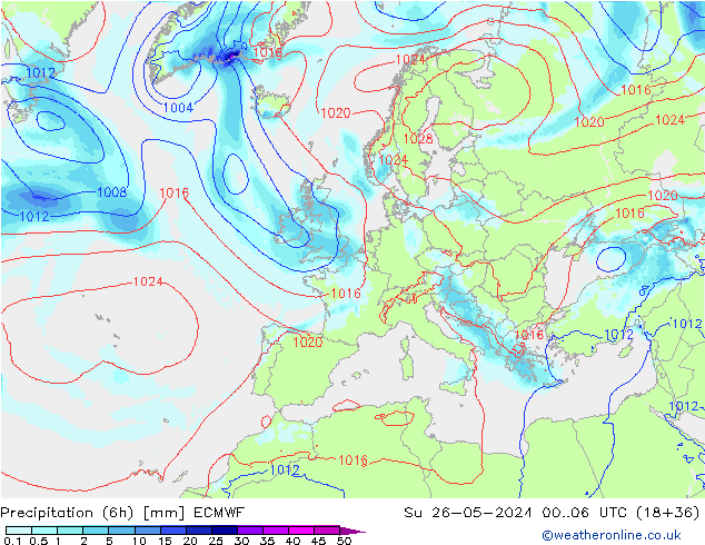 осадки (6h) ECMWF Вс 26.05.2024 06 UTC