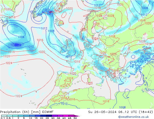 Precipitation (6h) ECMWF Su 26.05.2024 12 UTC