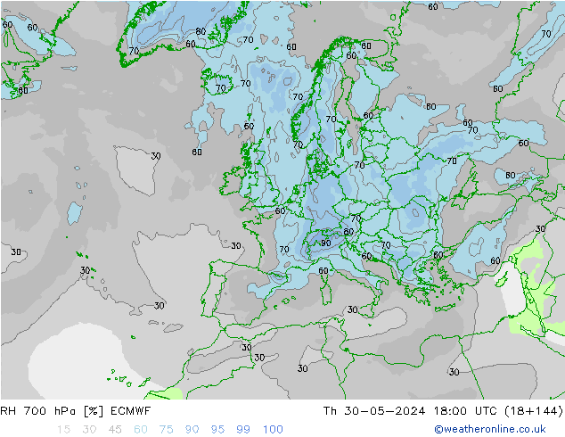 RH 700 hPa ECMWF Do 30.05.2024 18 UTC