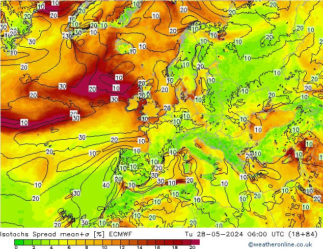 Isotachs Spread ECMWF Út 28.05.2024 06 UTC