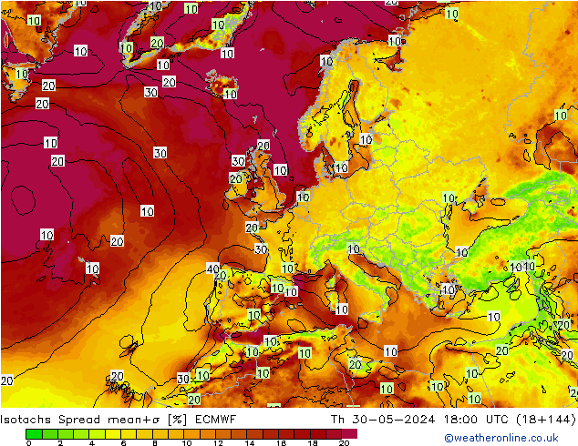 Isotachen Spread ECMWF Do 30.05.2024 18 UTC