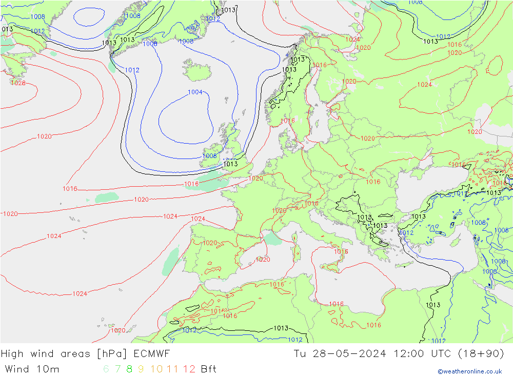 yüksek rüzgarlı alanlar ECMWF Sa 28.05.2024 12 UTC