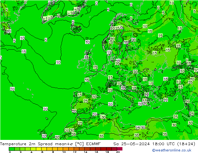 Temperaturkarte Spread ECMWF Sa 25.05.2024 18 UTC