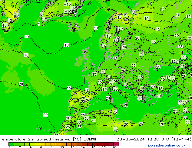 Temperaturkarte Spread ECMWF Do 30.05.2024 18 UTC