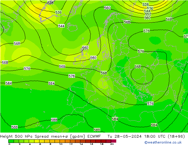 Height 500 hPa Spread ECMWF wto. 28.05.2024 18 UTC