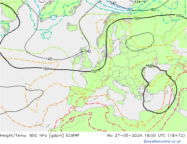 Height/Temp. 850 hPa ECMWF Mo 27.05.2024 18 UTC