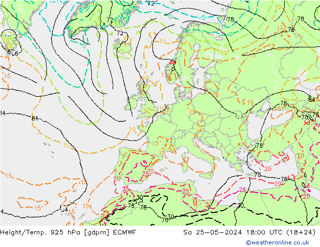 Height/Temp. 925 hPa ECMWF So 25.05.2024 18 UTC