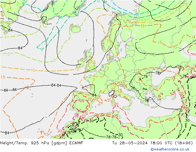 Height/Temp. 925 hPa ECMWF mar 28.05.2024 18 UTC