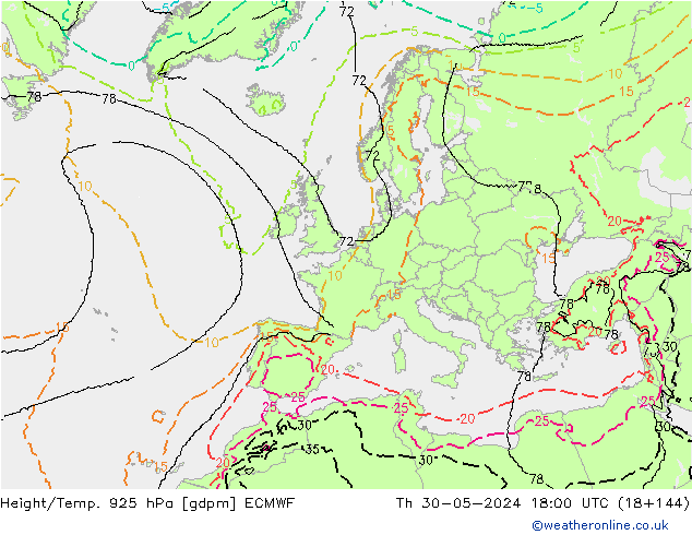 Height/Temp. 925 hPa ECMWF Th 30.05.2024 18 UTC