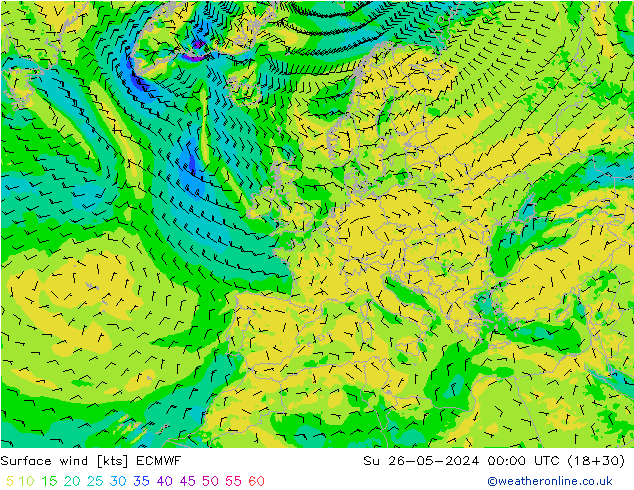 Vento 10 m ECMWF Dom 26.05.2024 00 UTC