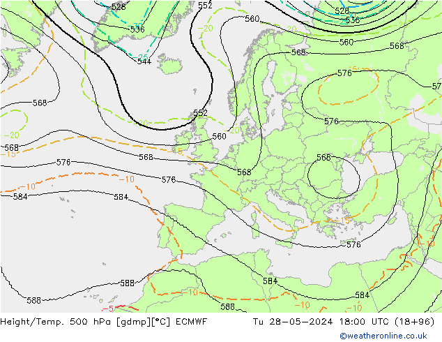 Height/Temp. 500 hPa ECMWF Tu 28.05.2024 18 UTC