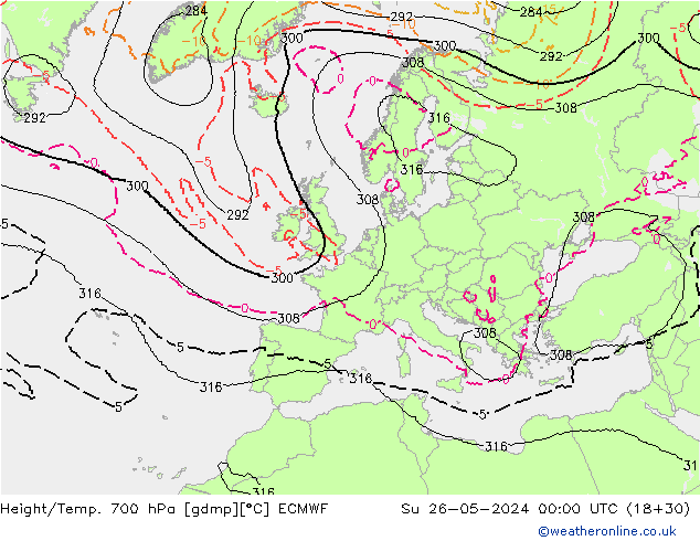 Height/Temp. 700 hPa ECMWF Ne 26.05.2024 00 UTC