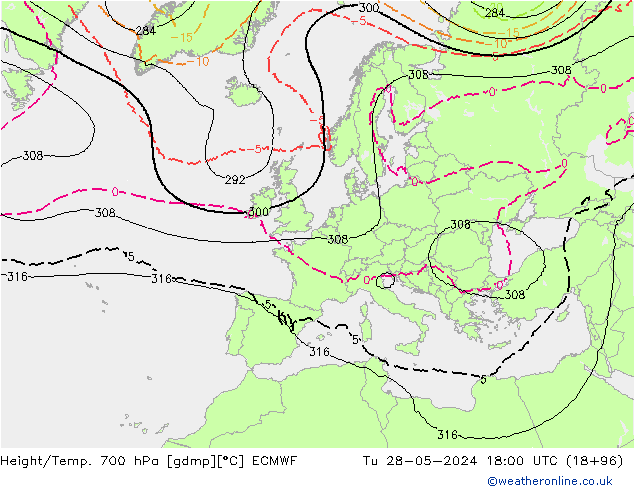 Height/Temp. 700 hPa ECMWF Di 28.05.2024 18 UTC