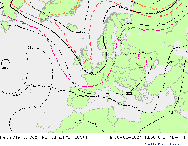 Hoogte/Temp. 700 hPa ECMWF do 30.05.2024 18 UTC