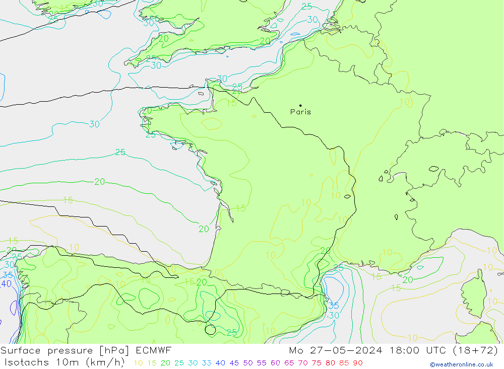 Isotachs (kph) ECMWF Mo 27.05.2024 18 UTC