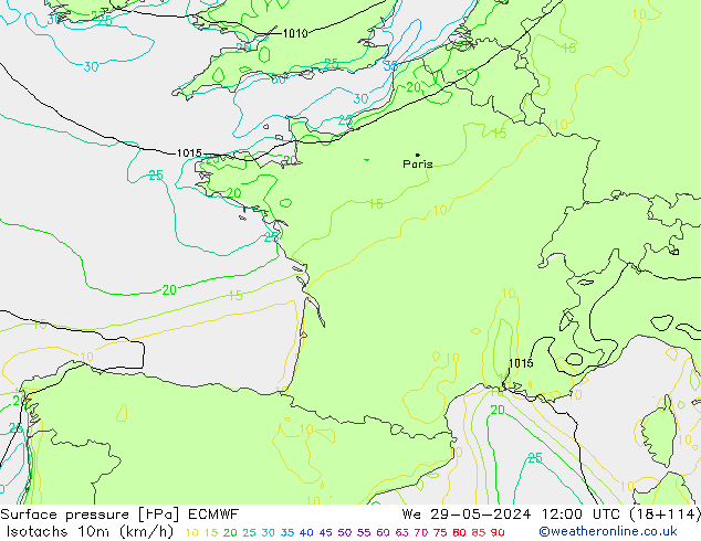 Isotachs (kph) ECMWF ср 29.05.2024 12 UTC