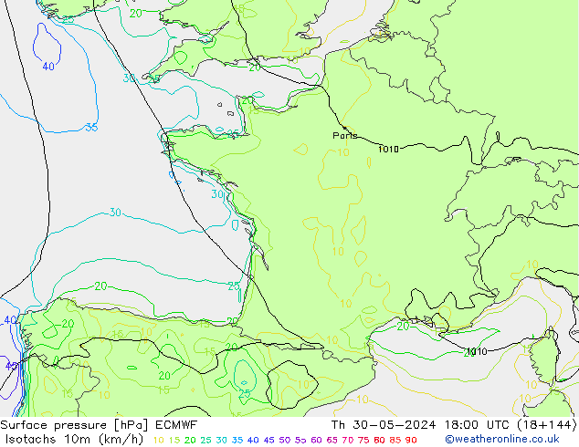 Isotachs (kph) ECMWF Th 30.05.2024 18 UTC