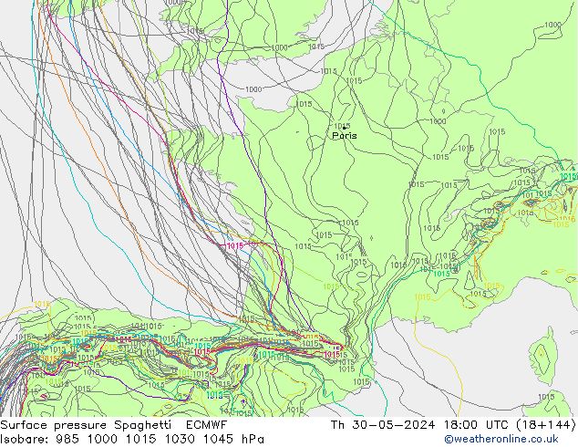 pressão do solo Spaghetti ECMWF Qui 30.05.2024 18 UTC