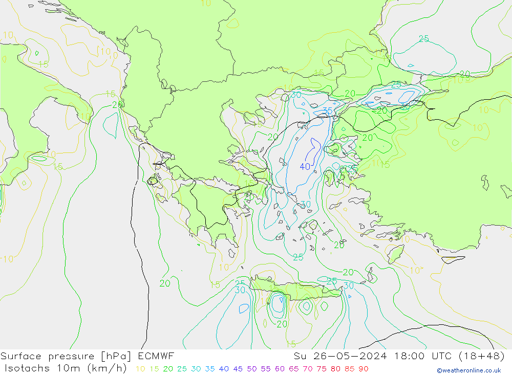 Eşrüzgar Hızları (km/sa) ECMWF Paz 26.05.2024 18 UTC