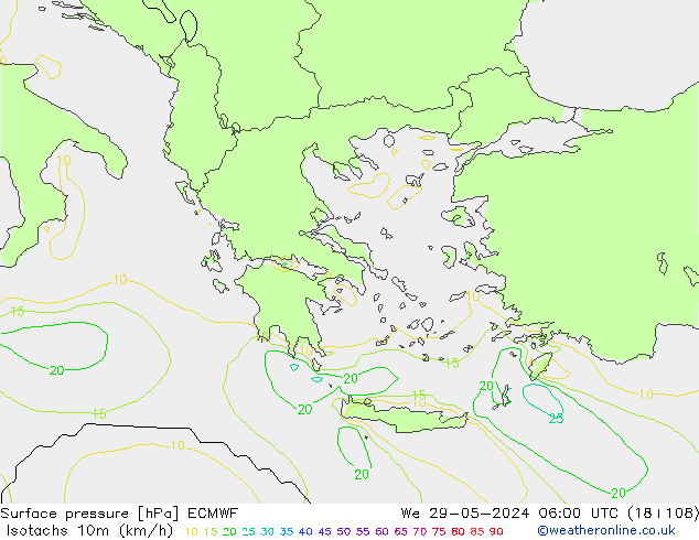 Isotachen (km/h) ECMWF wo 29.05.2024 06 UTC