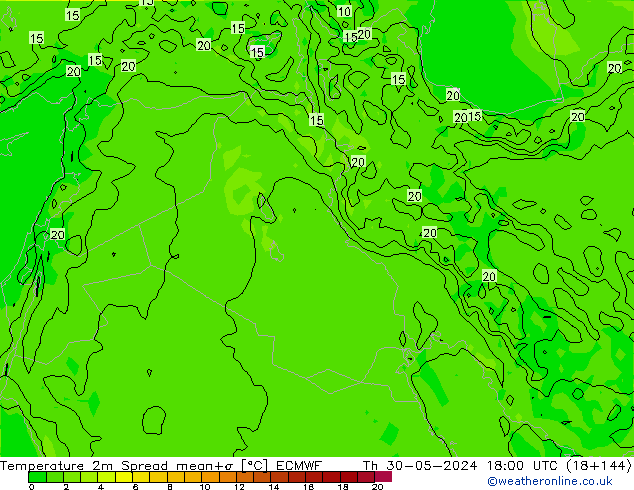 Temperature 2m Spread ECMWF Th 30.05.2024 18 UTC