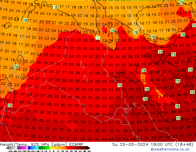 Height/Temp. 925 hPa ECMWF  26.05.2024 18 UTC