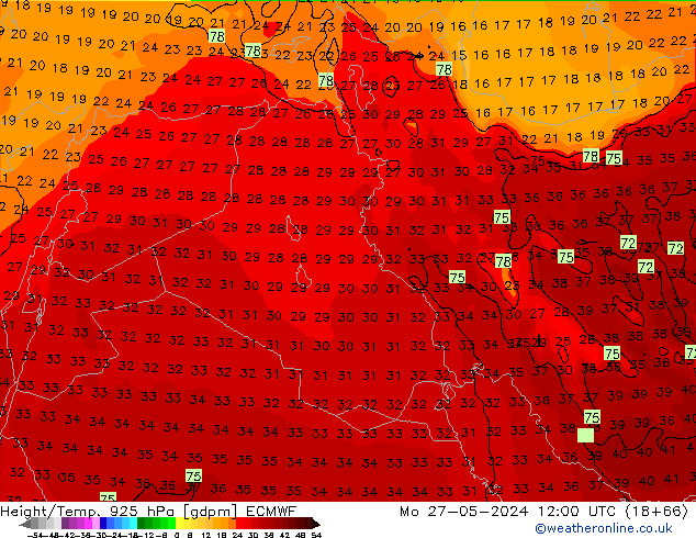 Height/Temp. 925 гПа ECMWF пн 27.05.2024 12 UTC