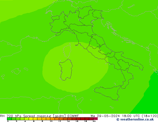 RH 700 hPa Spread ECMWF We 29.05.2024 18 UTC