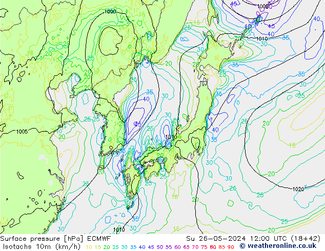 Isotachen (km/h) ECMWF zo 26.05.2024 12 UTC