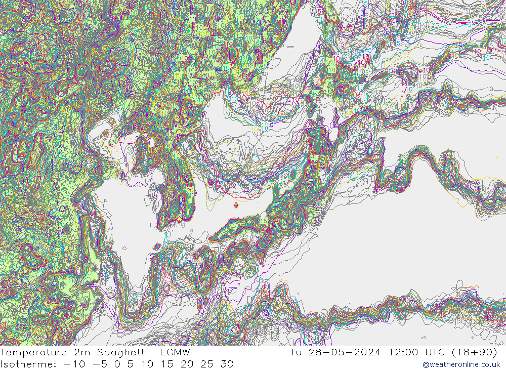 température 2m Spaghetti ECMWF mar 28.05.2024 12 UTC