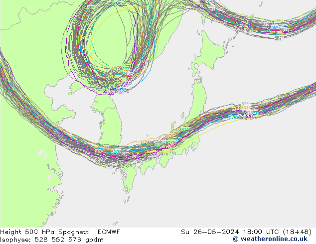 Hoogte 500 hPa Spaghetti ECMWF zo 26.05.2024 18 UTC