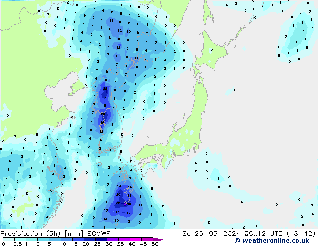 Precipitation (6h) ECMWF Su 26.05.2024 12 UTC