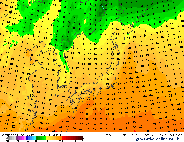 Sıcaklık Haritası (2m) ECMWF Pzt 27.05.2024 18 UTC