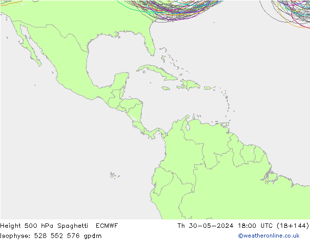 Height 500 hPa Spaghetti ECMWF gio 30.05.2024 18 UTC