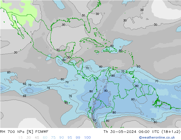 RH 700 hPa ECMWF czw. 30.05.2024 06 UTC