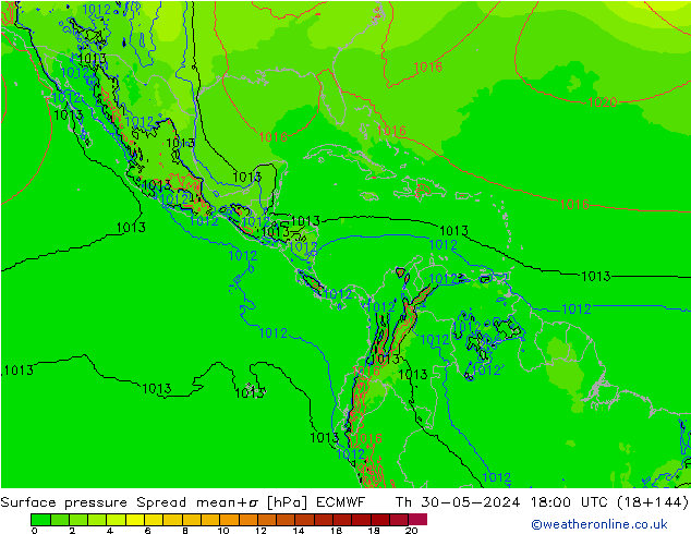 pressão do solo Spread ECMWF Qui 30.05.2024 18 UTC