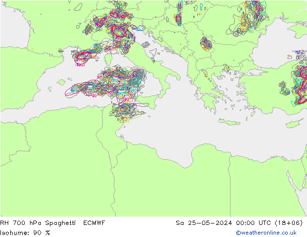 RH 700 hPa Spaghetti ECMWF sab 25.05.2024 00 UTC