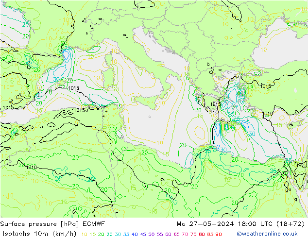 Isotachen (km/h) ECMWF Mo 27.05.2024 18 UTC