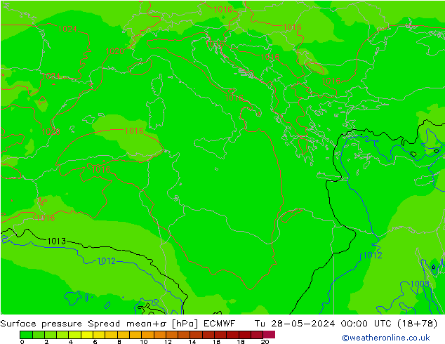 Surface pressure Spread ECMWF Tu 28.05.2024 00 UTC