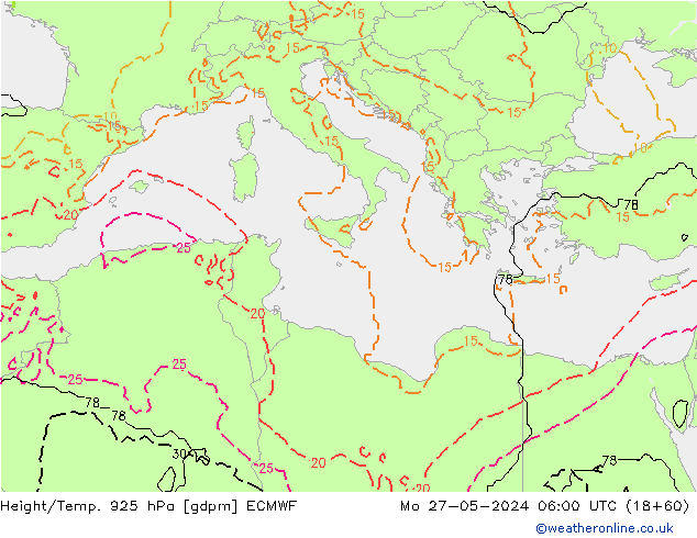 Height/Temp. 925 hPa ECMWF pon. 27.05.2024 06 UTC