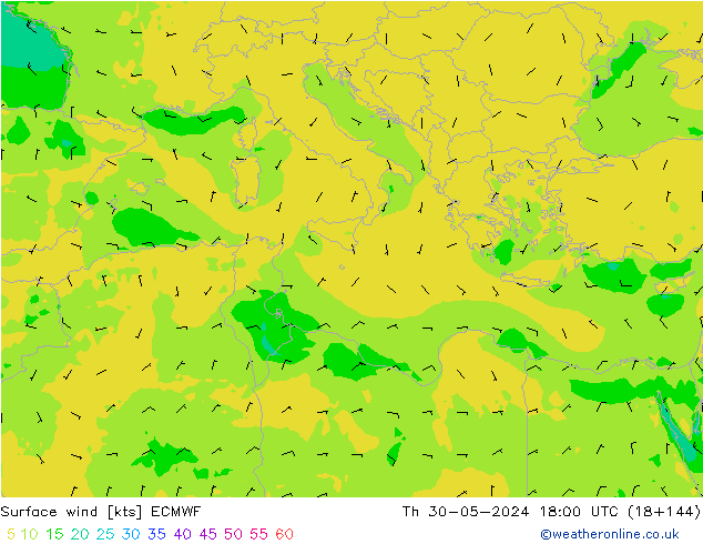 Wind 10 m ECMWF do 30.05.2024 18 UTC