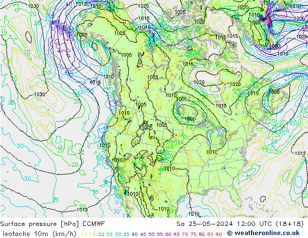 Isotachen (km/h) ECMWF za 25.05.2024 12 UTC