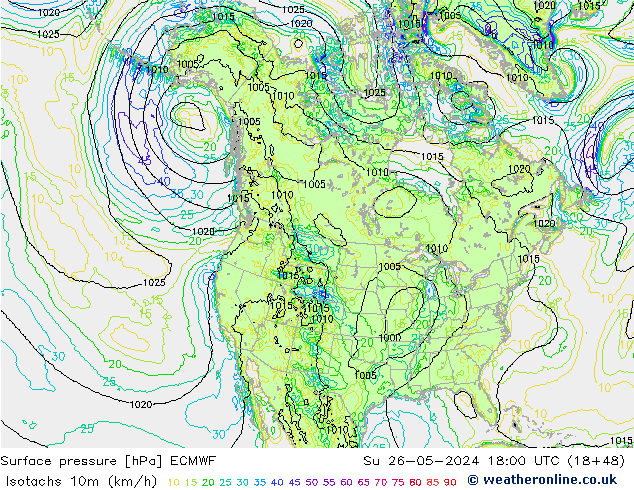 Isotaca (kph) ECMWF dom 26.05.2024 18 UTC