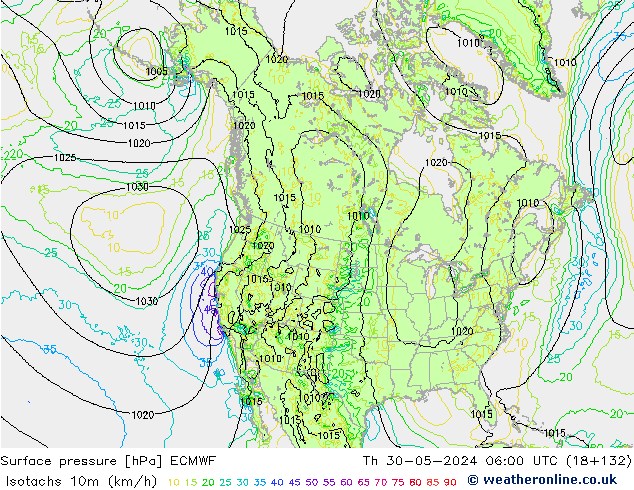 Isotaca (kph) ECMWF jue 30.05.2024 06 UTC