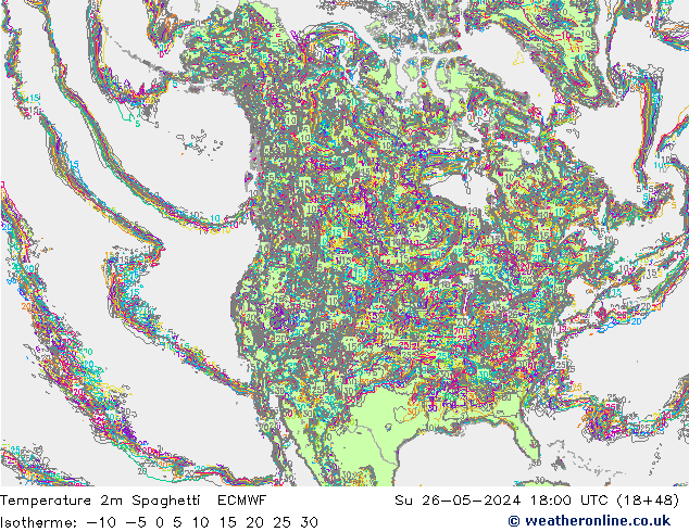 Temperature 2m Spaghetti ECMWF Su 26.05.2024 18 UTC