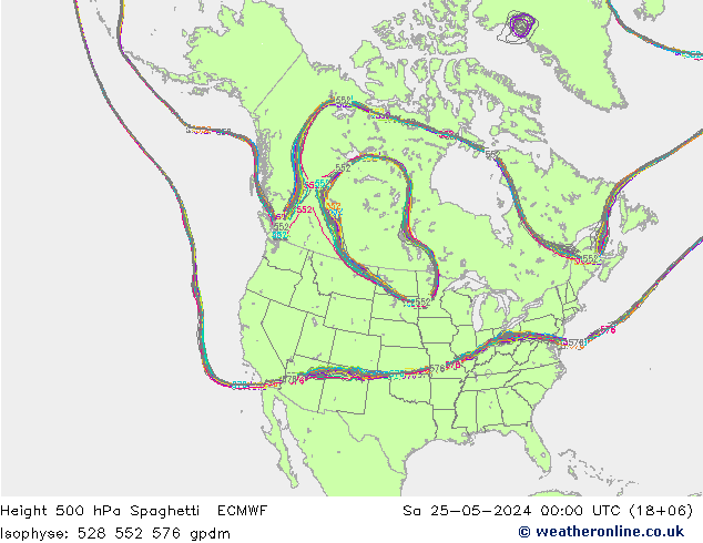 Height 500 hPa Spaghetti ECMWF 星期六 25.05.2024 00 UTC