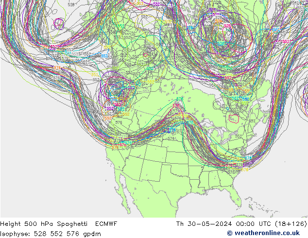 Height 500 hPa Spaghetti ECMWF Čt 30.05.2024 00 UTC